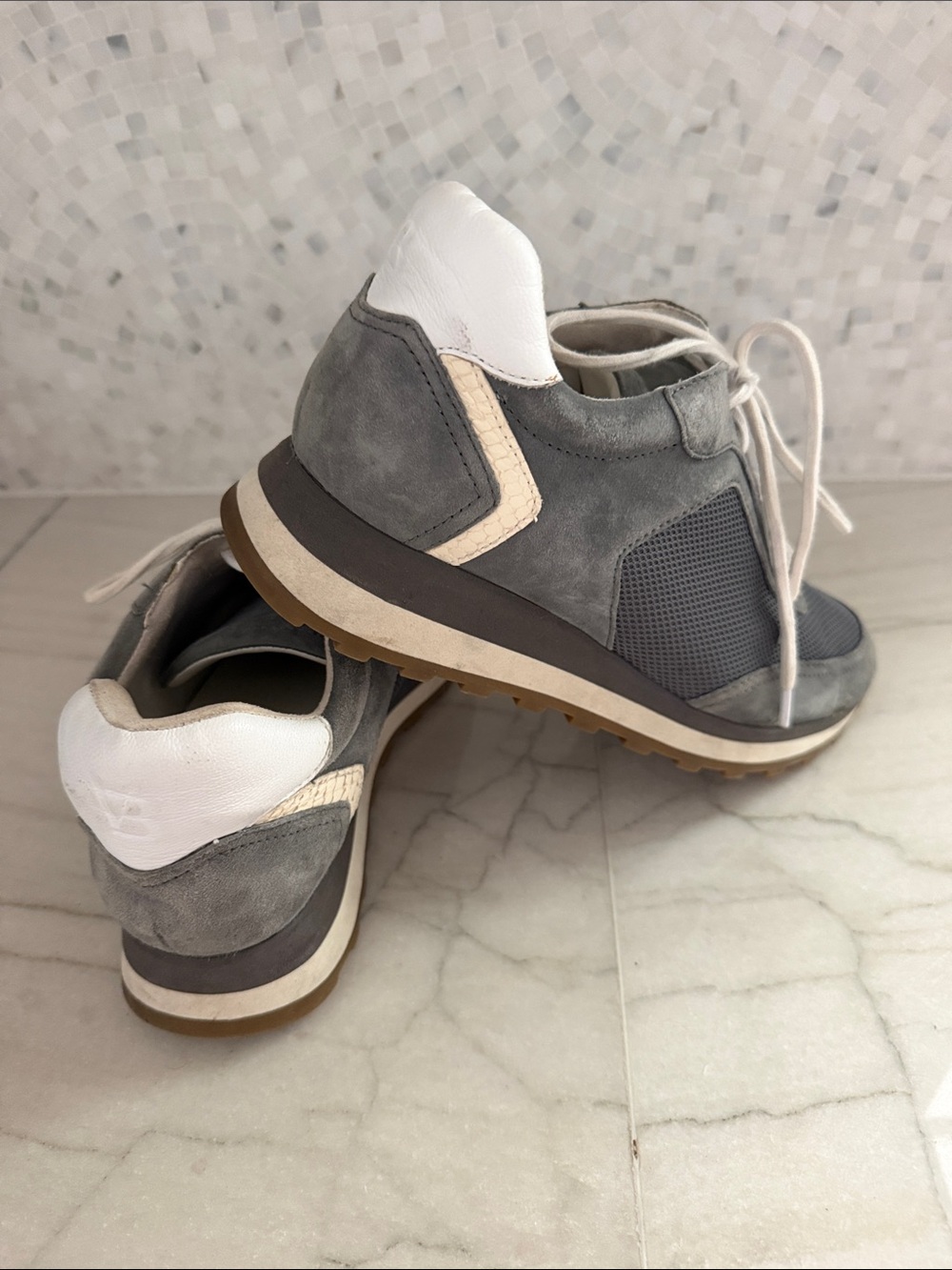 Veronica Beard Gray and White Suede Mesh Athletic Sneakers